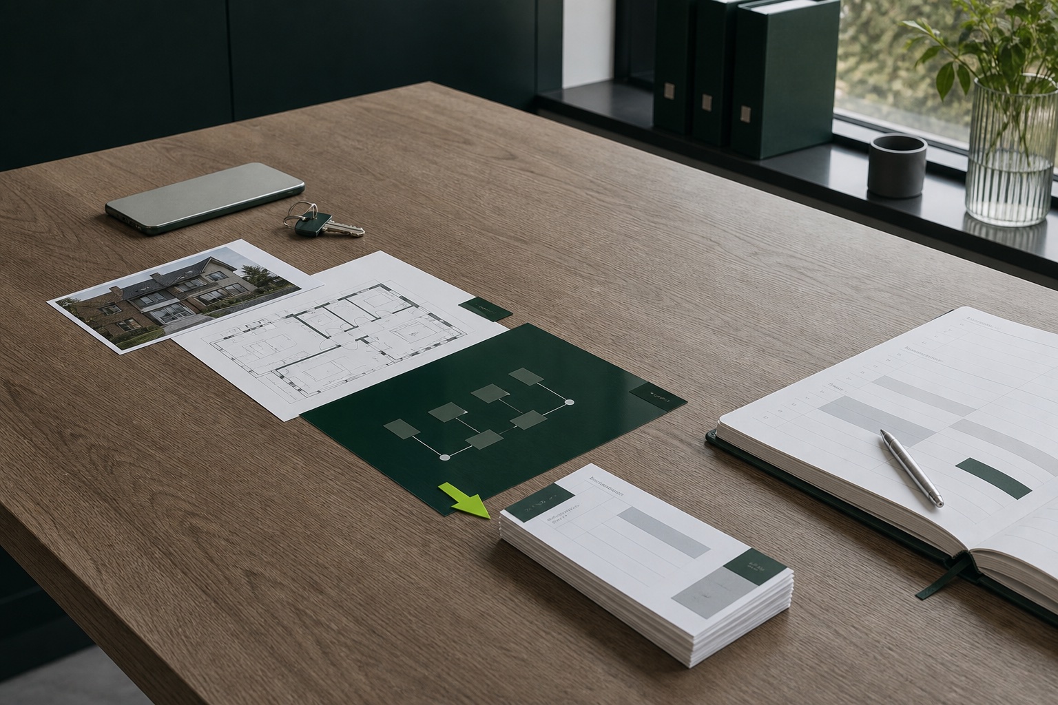 Property enquiry workspace with floor plans, a key and a chartreuse routing marker
